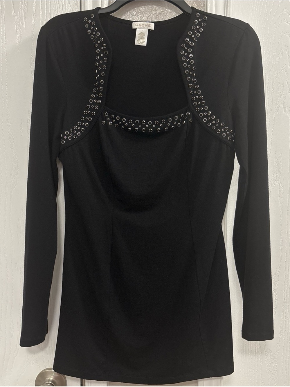 Cache Black Long Sleeve Scoop Neck Top with Silver Stud Accents